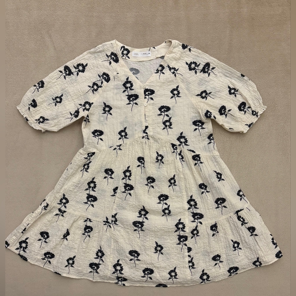 Zara Girl Cream/Black Floral Puff Sleeve Dress Size 13-14 NWOT